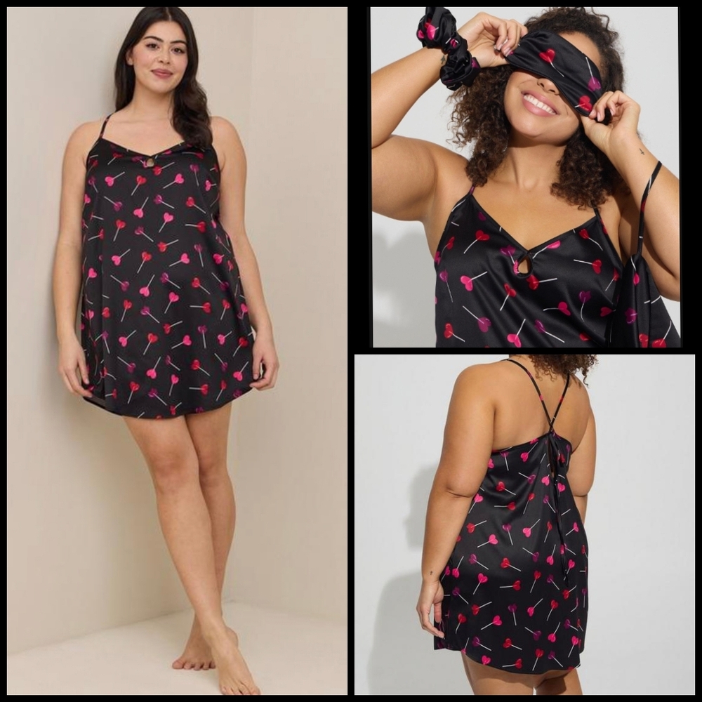 Torrid Dream Satin Lollipop Hearts Chemise Gown Sleep Bundle